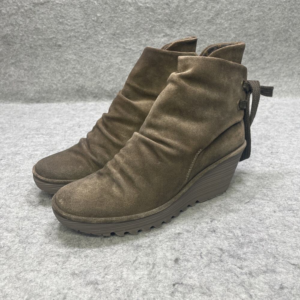FLY London Womens EU 41 US‎ 10 Olive Suede Slouch Wedge Ankle Boots Lace Back